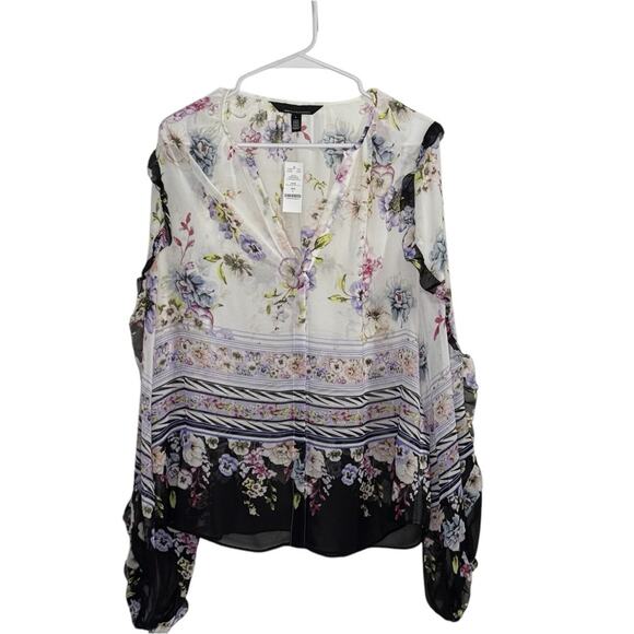 White House Black Market Women L Top Floral Cottagecore Ruffle Garden Fairy Work - Picture 2 of 10